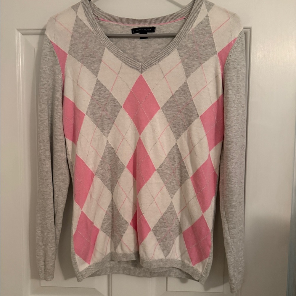 Tommy Hilfiger Pink and Gray V-Neck argyle Sweater